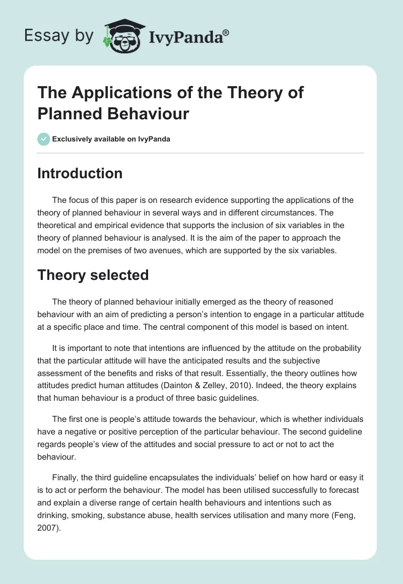 The Applications of the Theory of Planned Behaviour. Page 1