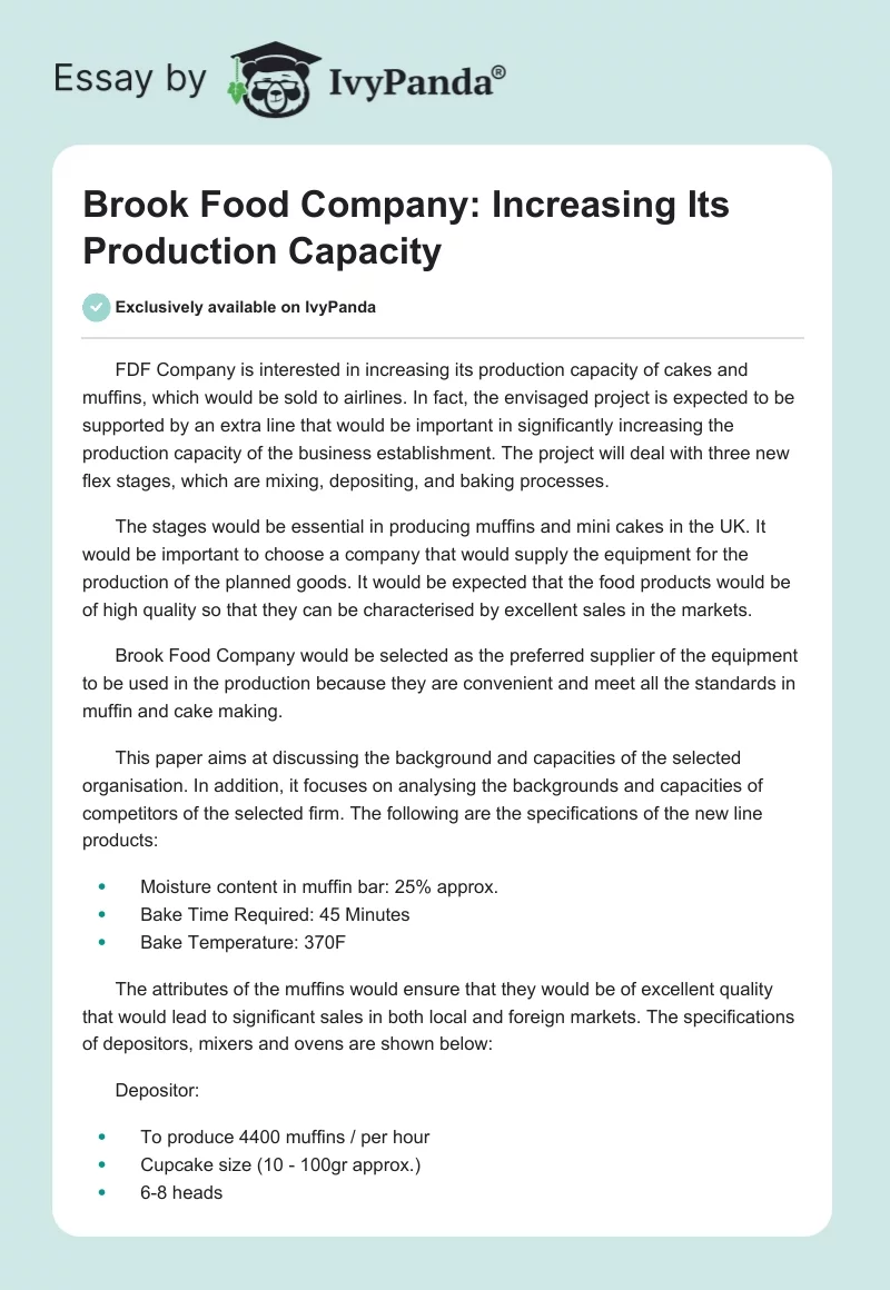 Brook Food Company: Increasing Its Production Capacity. Page 1