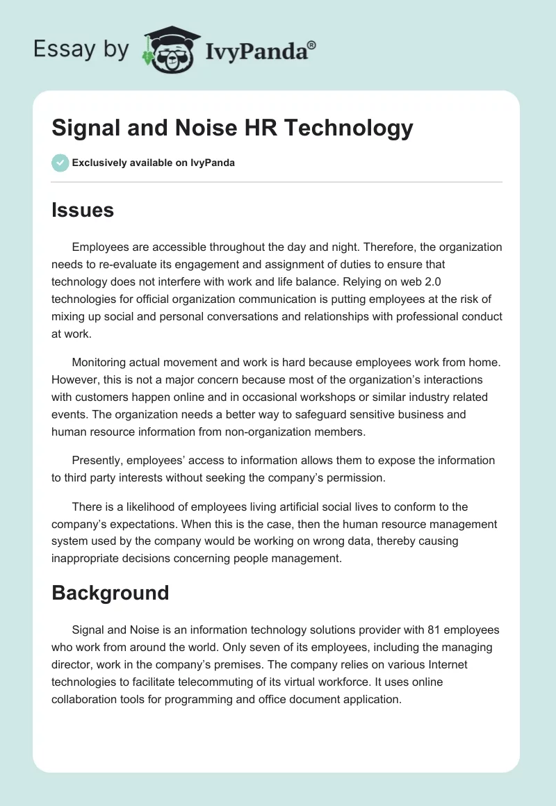 Signal and Noise HR Technology. Page 1