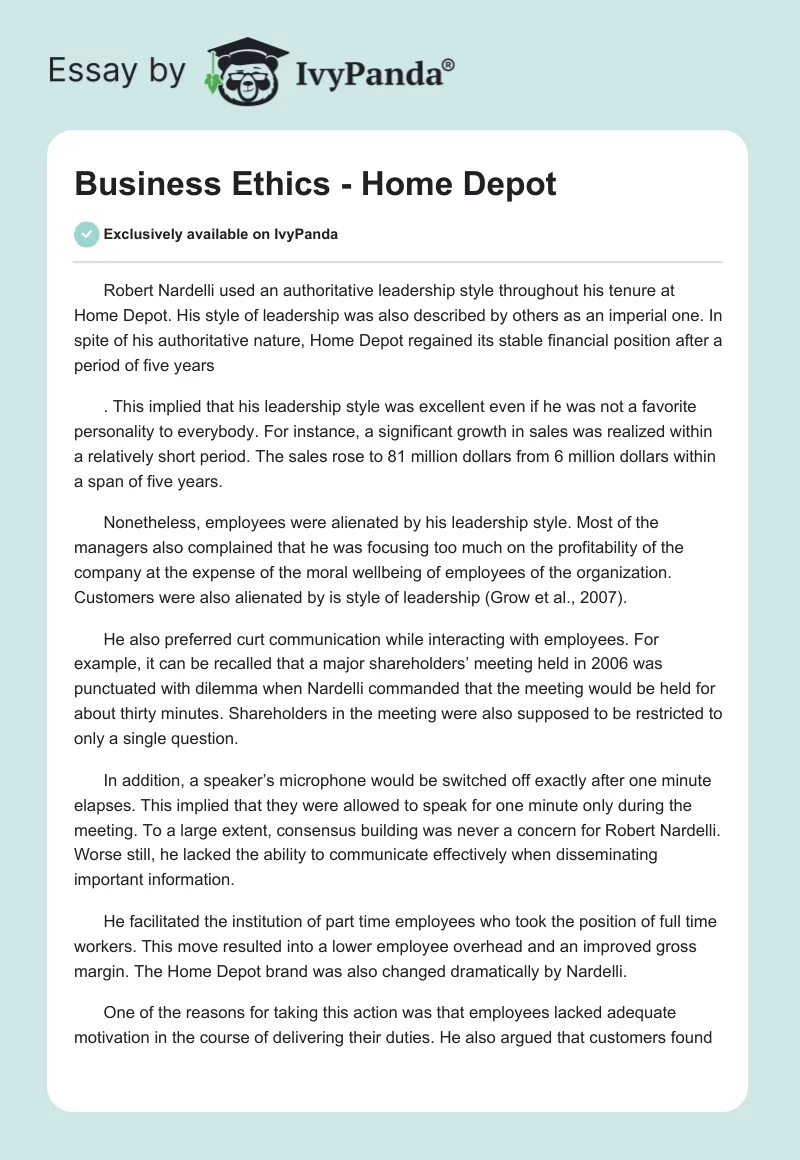 Business Ethics - Home Depot. Page 1