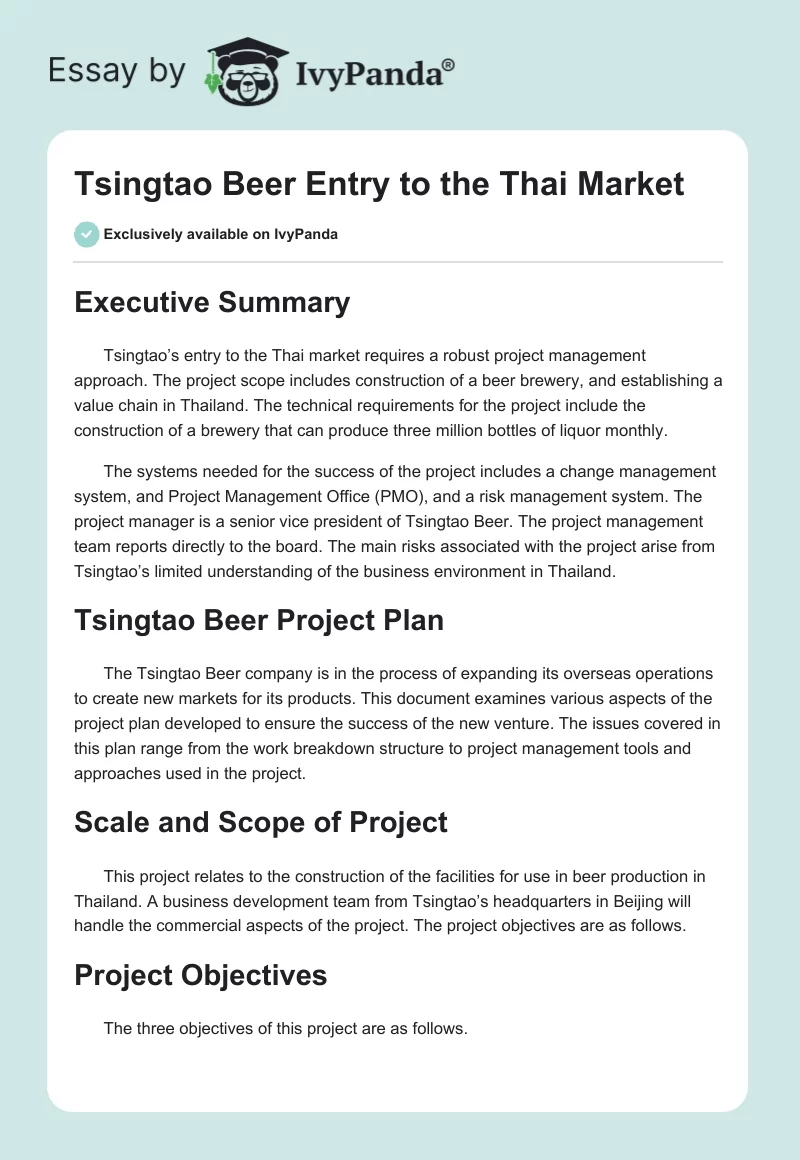 Tsingtao Beer Entry to the Thai Market. Page 1