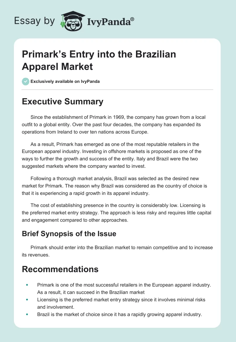 Primark’s Entry into the Brazilian Apparel Market. Page 1