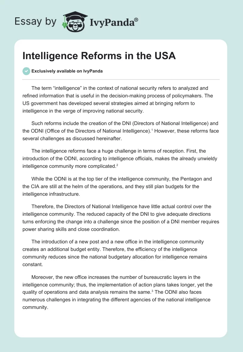 Intelligence Reforms in the USA. Page 1