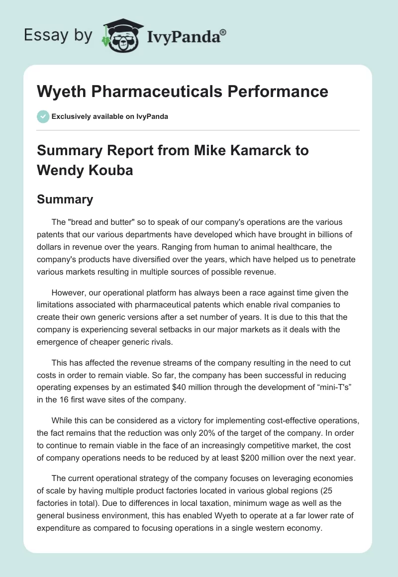 Wyeth Pharmaceuticals Performance. Page 1