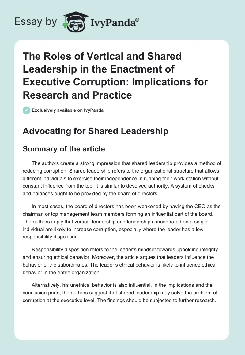 The Roles of Vertical and Shared Leadership in the Enactment of Executive Corruption: Implications for Research and Practice. Page 1