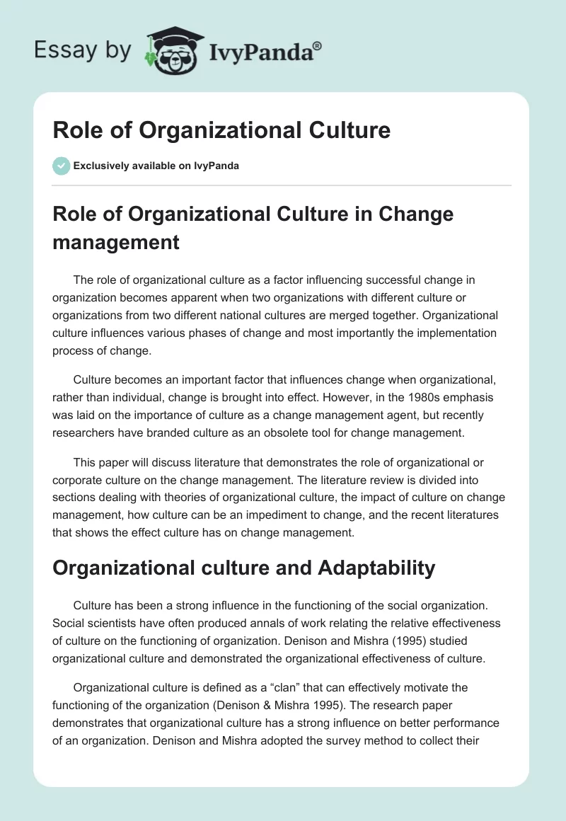 Role of Organizational Culture. Page 1