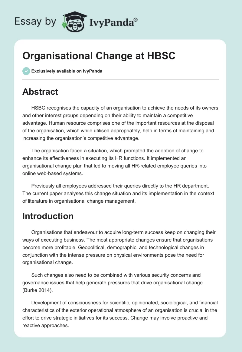 Organisational Change at HBSC. Page 1