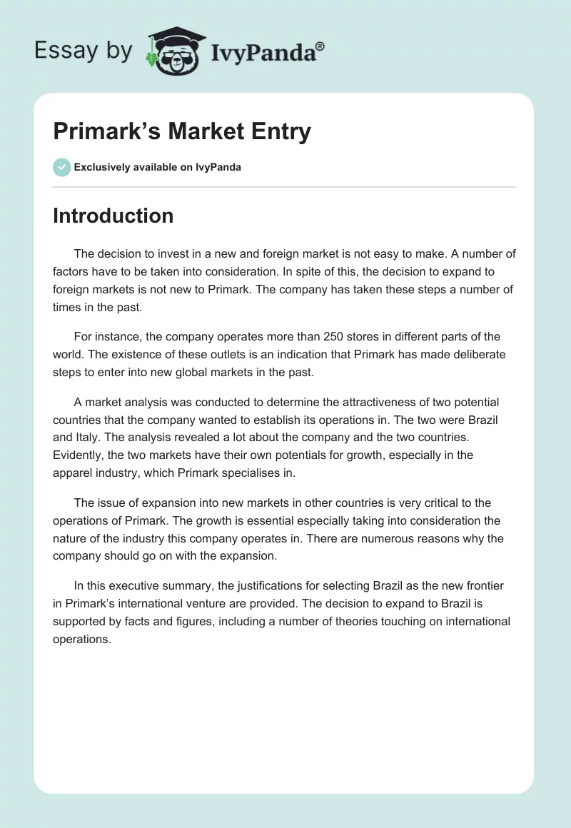 Primark’s Market Entry. Page 1