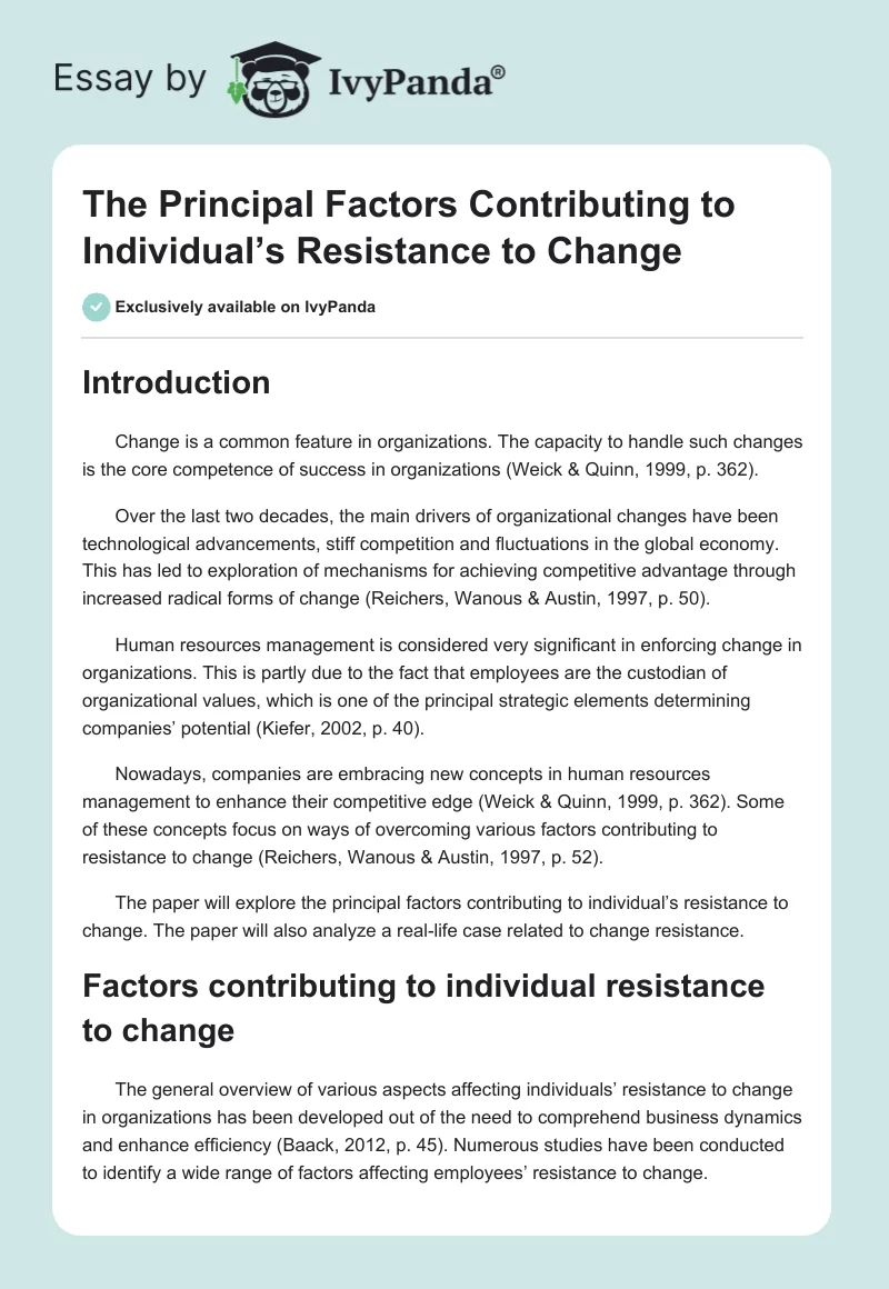 The Principal Factors Contributing to Individual’s Resistance to Change. Page 1
