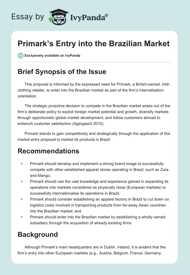Primark’s Entry into the Brazilian Market. Page 1
