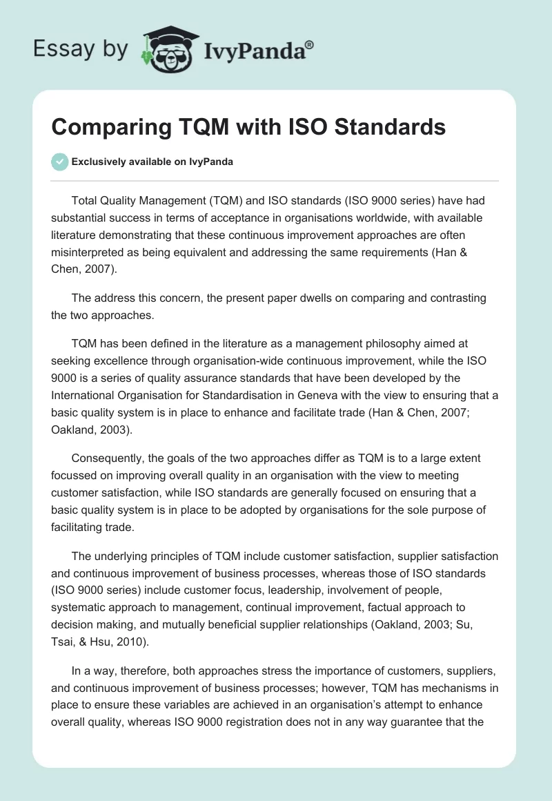 Comparing TQM with ISO Standards. Page 1