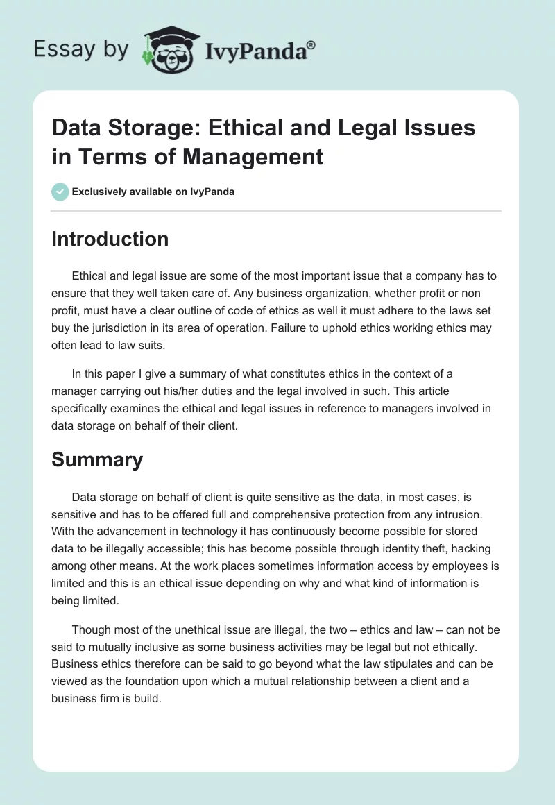 Data Storage: Ethical and Legal Issues in Terms of Management. Page 1
