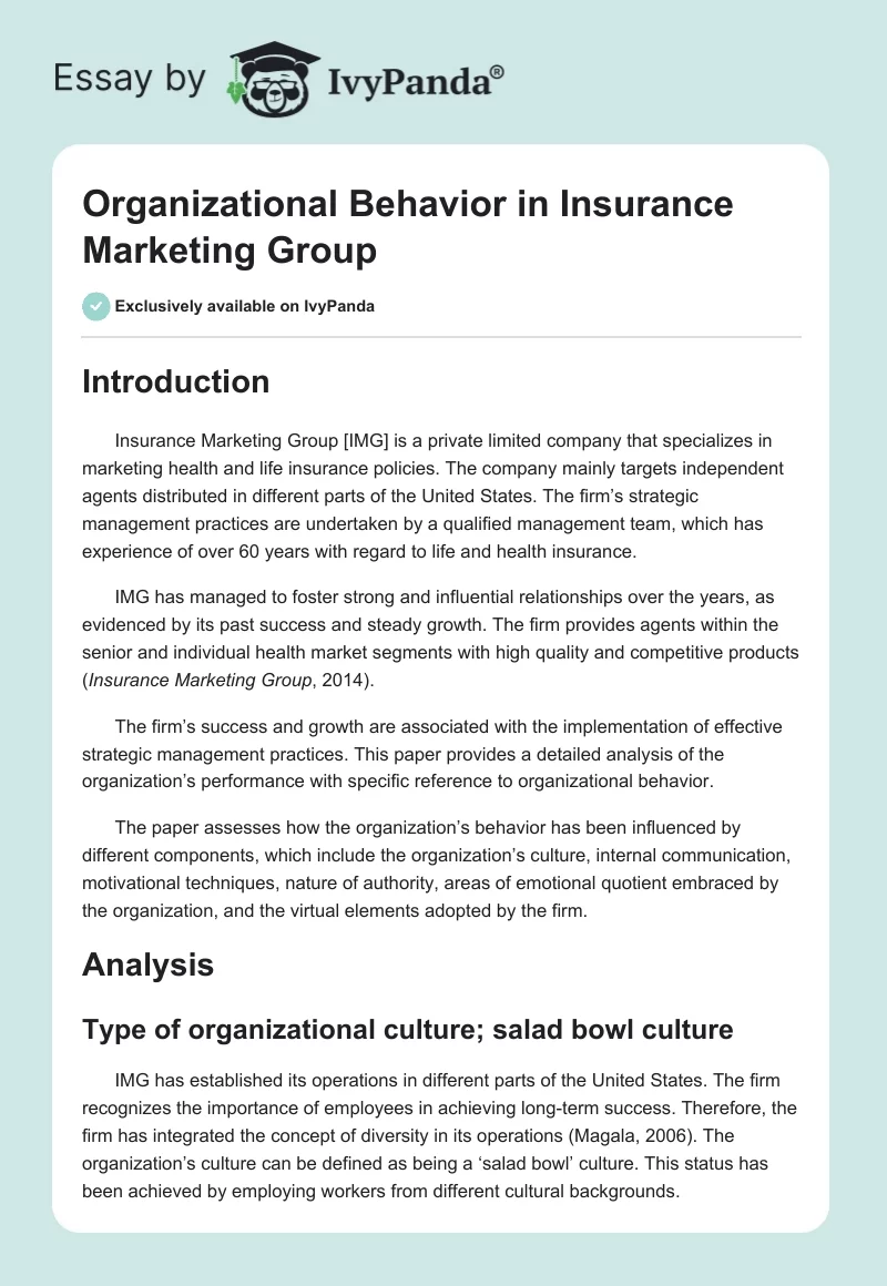 Organizational Behavior in Insurance Marketing Group. Page 1