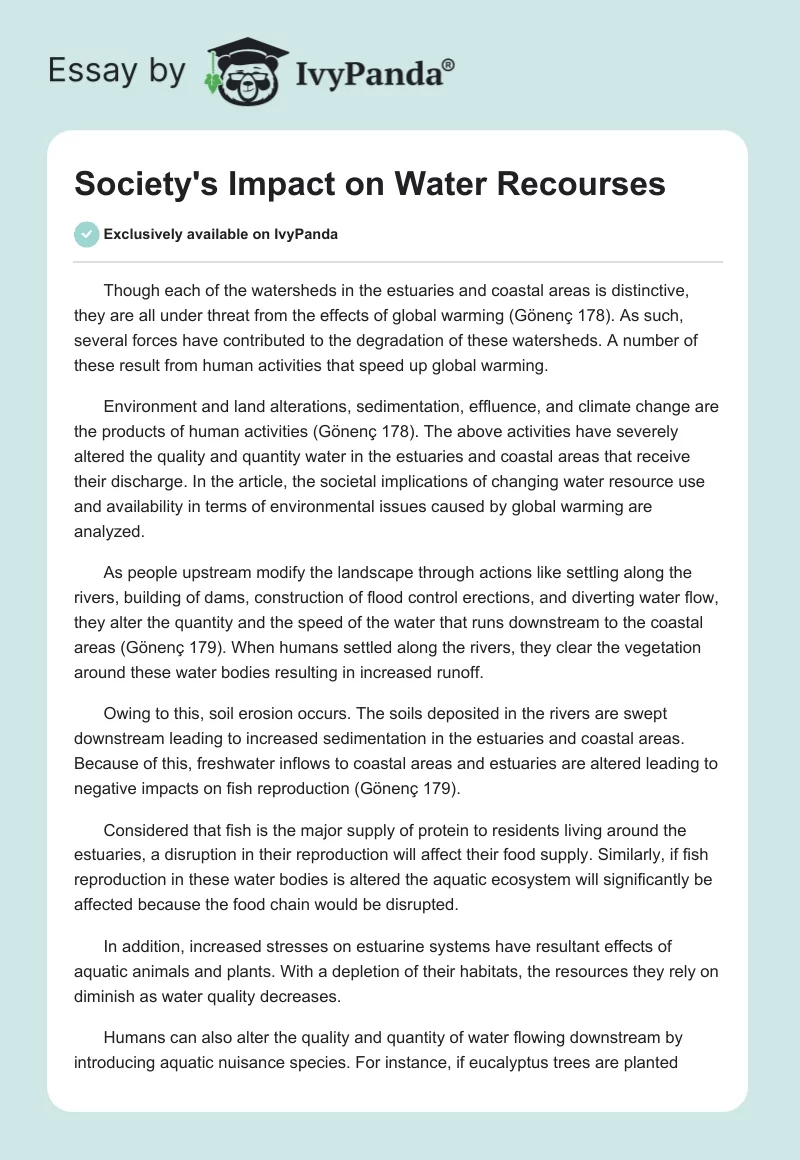 Society's Impact on Water Recourses. Page 1
