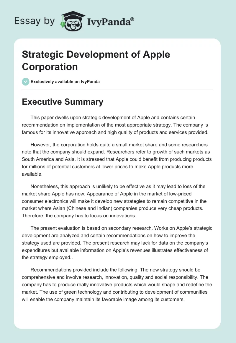 Strategic Development of Apple Corporation. Page 1