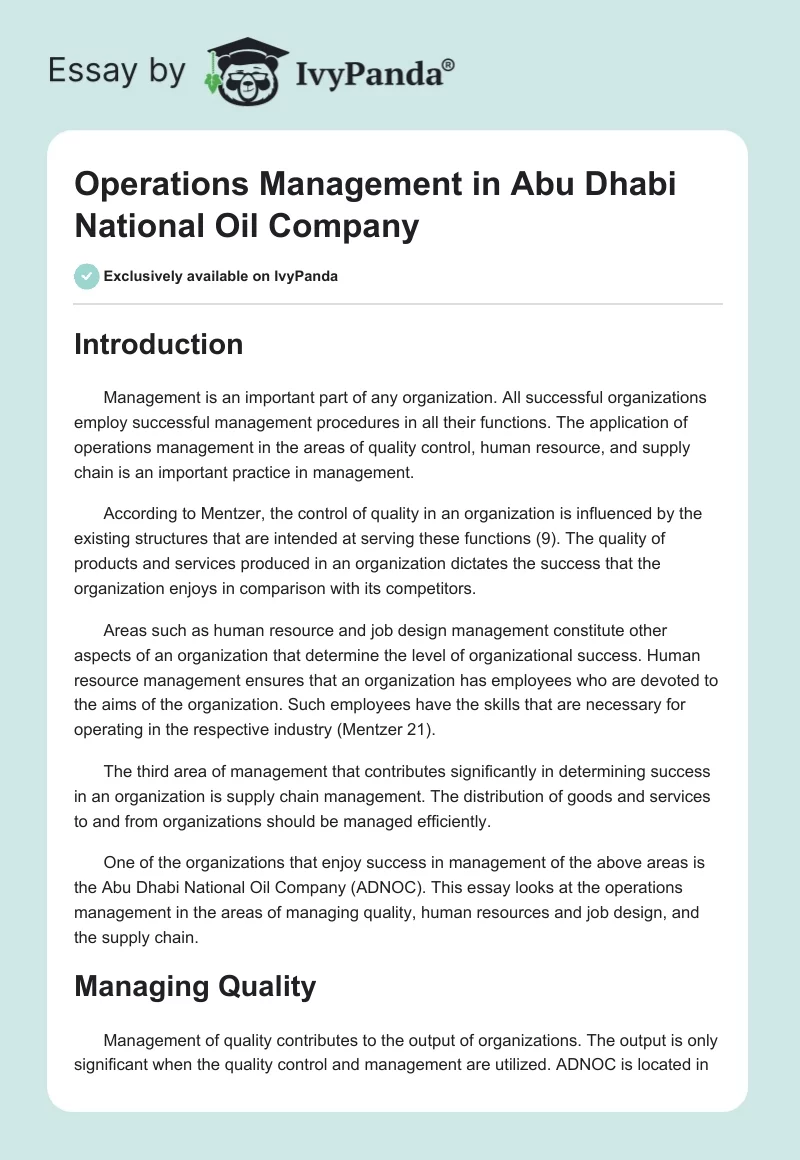 Operations Management in Abu Dhabi National Oil Company. Page 1