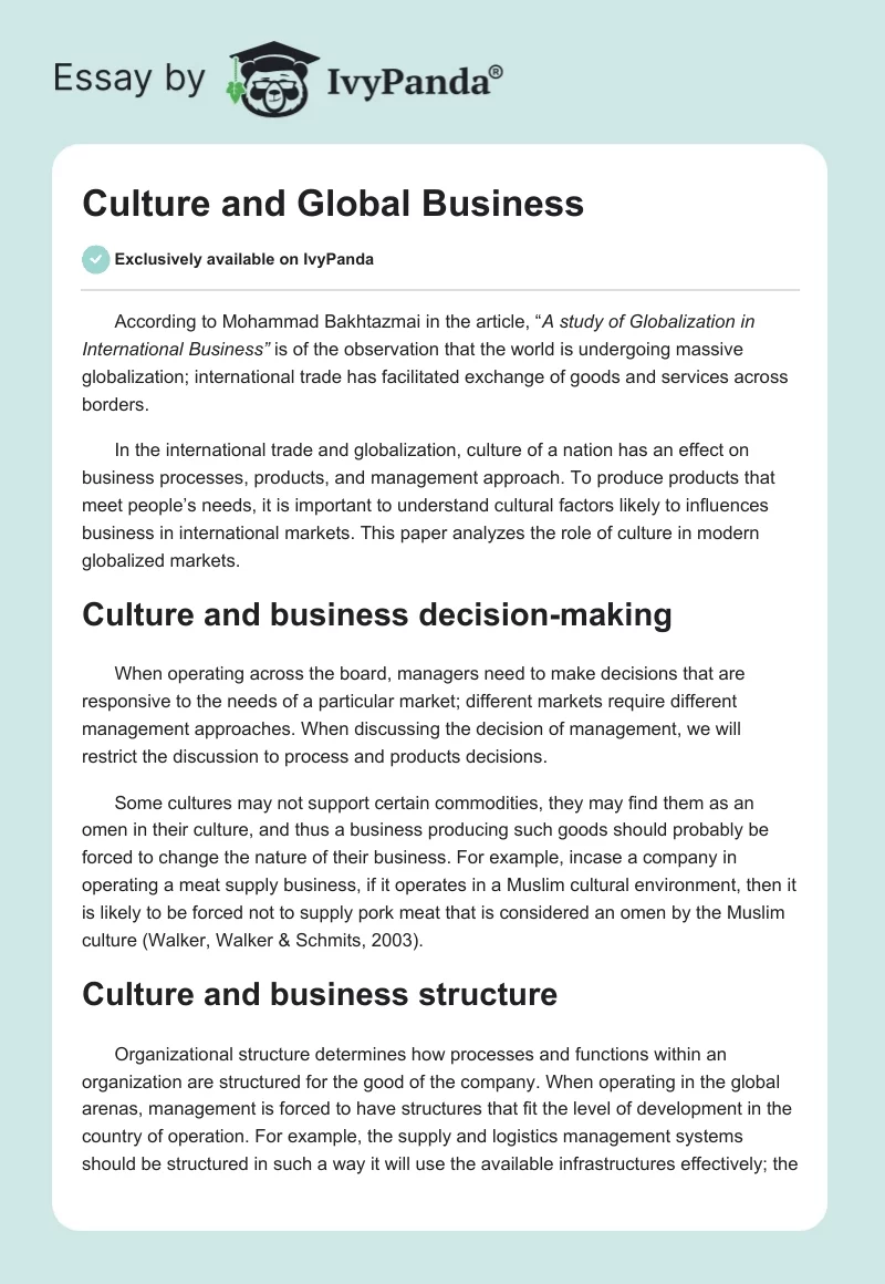 Culture and Global Business. Page 1