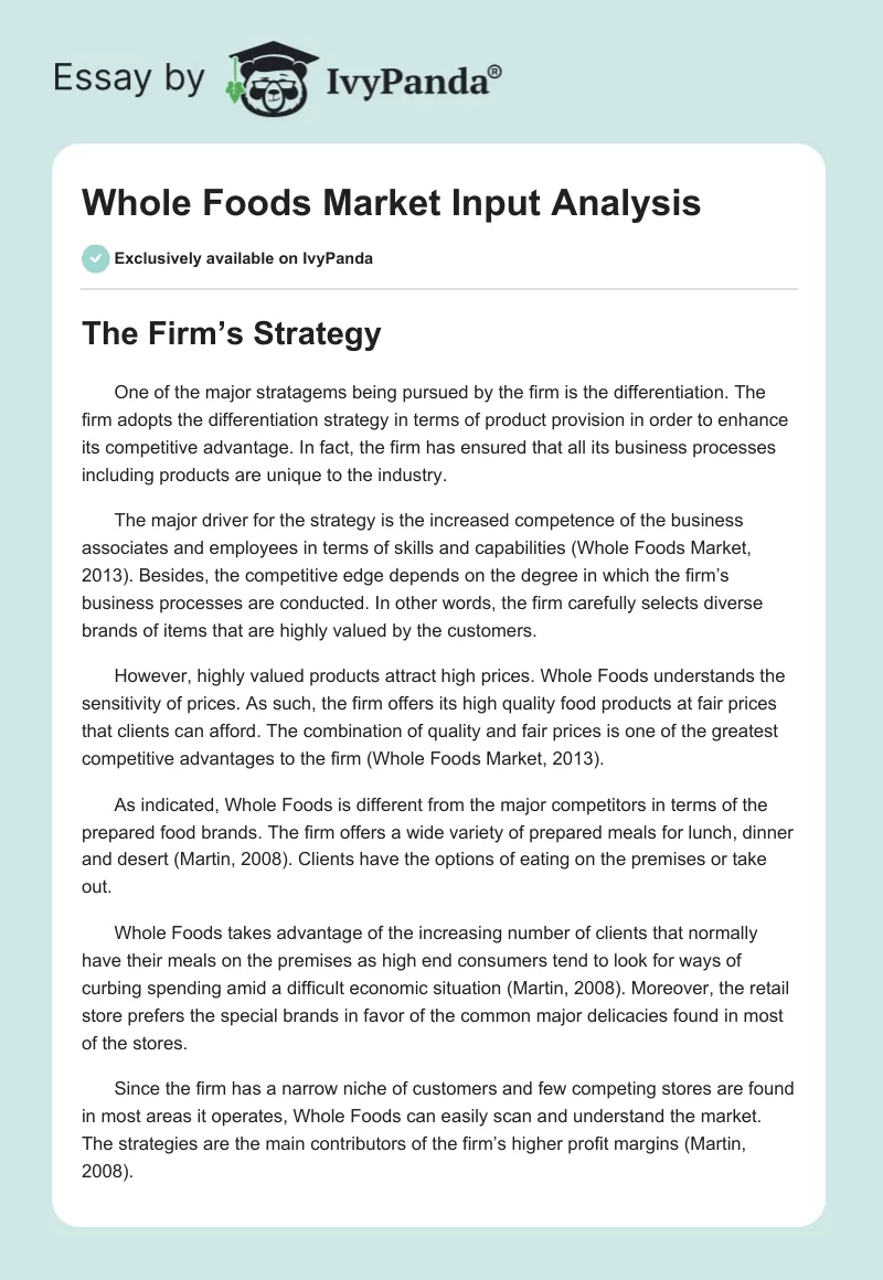 Whole Foods Market Input Analysis. Page 1