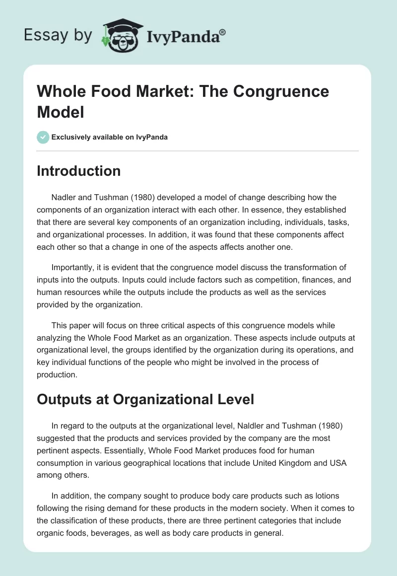 Whole Food Market: The Congruence Model. Page 1
