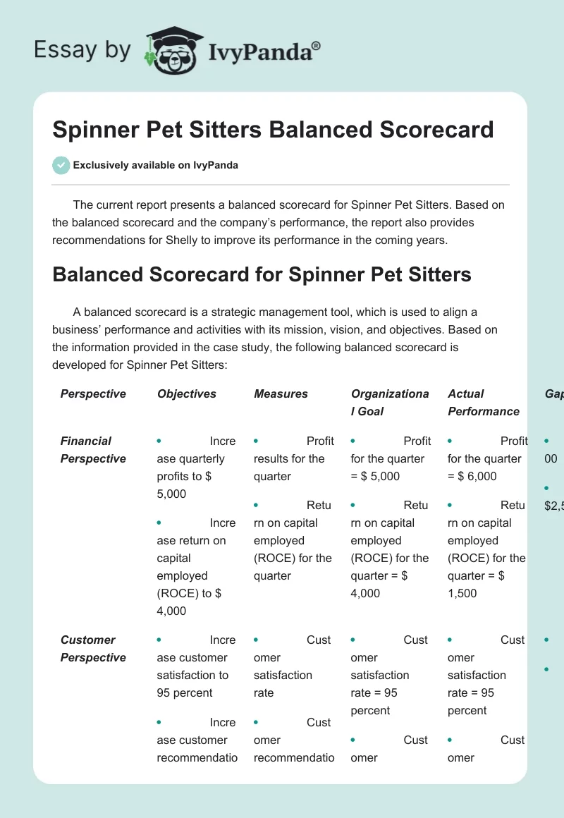 Spinner Pet Sitters Balanced Scorecard. Page 1
