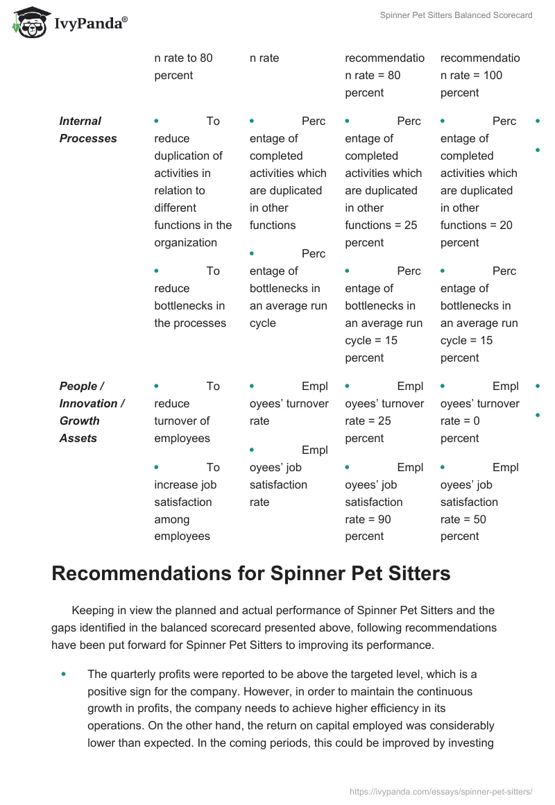 Spinner Pet Sitters Balanced Scorecard. Page 2