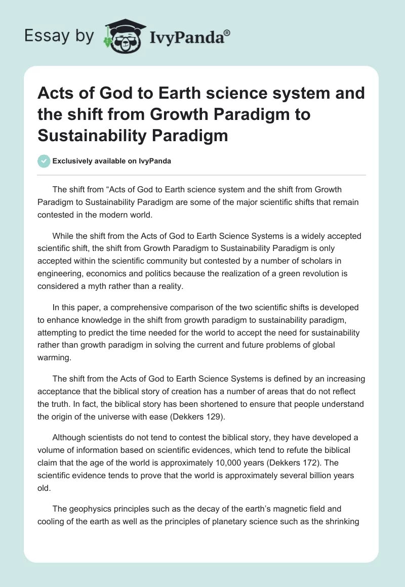 Acts of God to Earth science system and the shift from Growth Paradigm to Sustainability Paradigm. Page 1
