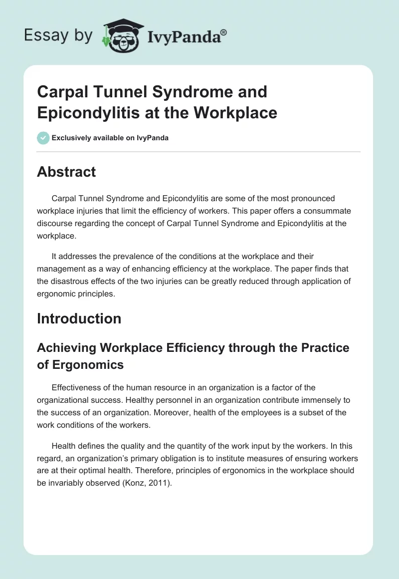 Carpal Tunnel Syndrome and Epicondylitis at the Workplace. Page 1