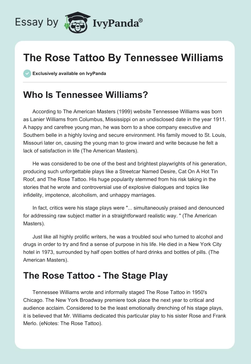 The Rose Tattoo By Tennessee Williams. Page 1