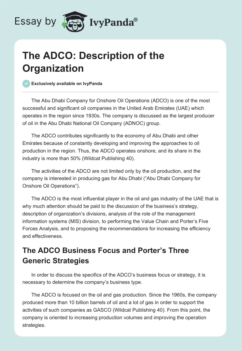 The ADCO: Description of the Organization. Page 1