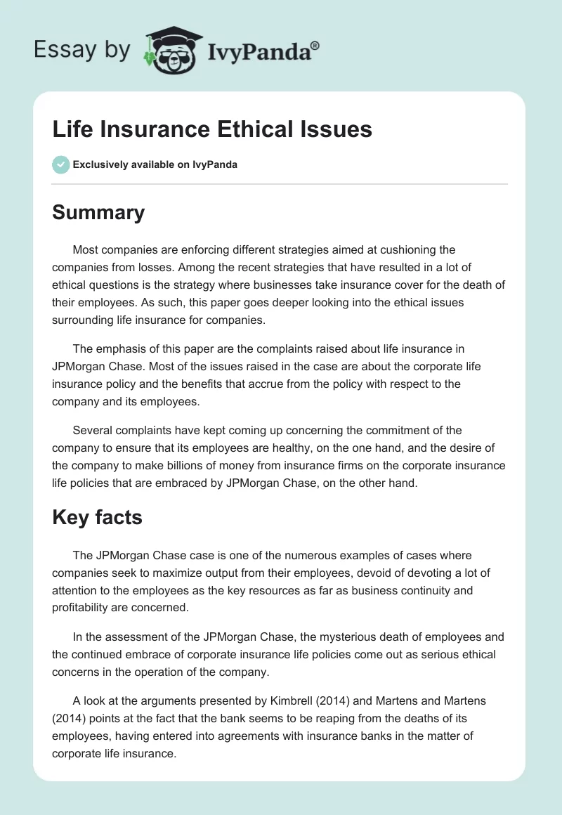 Life Insurance Ethical Issues. Page 1