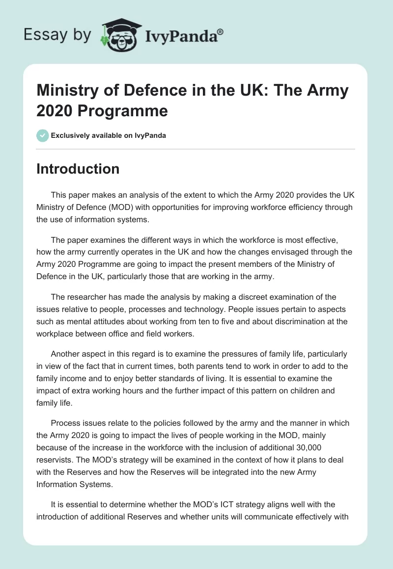 Ministry of Defence in the UK: The Army 2020 Programme. Page 1