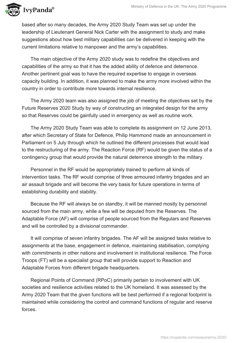 Ministry of Defence in the UK: The Army 2020 Programme. Page 3