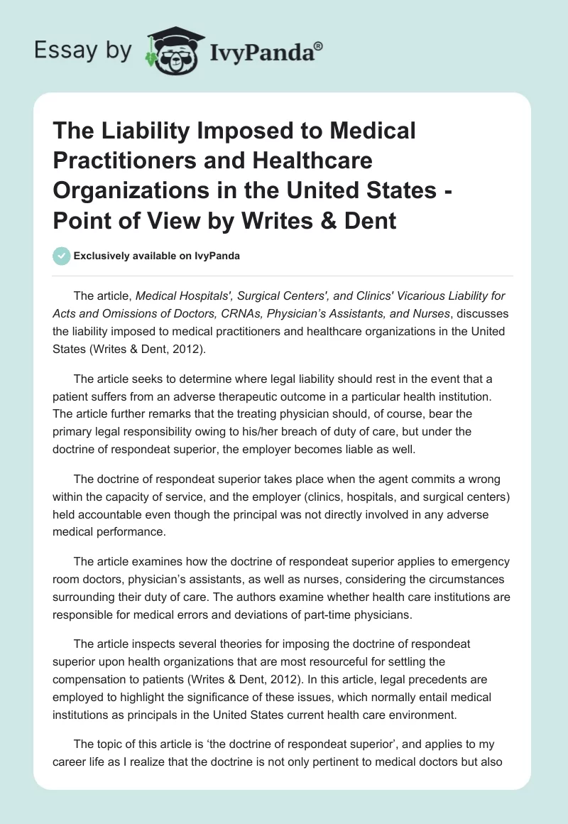 The Liability Imposed to Medical Practitioners and Healthcare Organizations in the United States - Point of View by Writes & Dent. Page 1