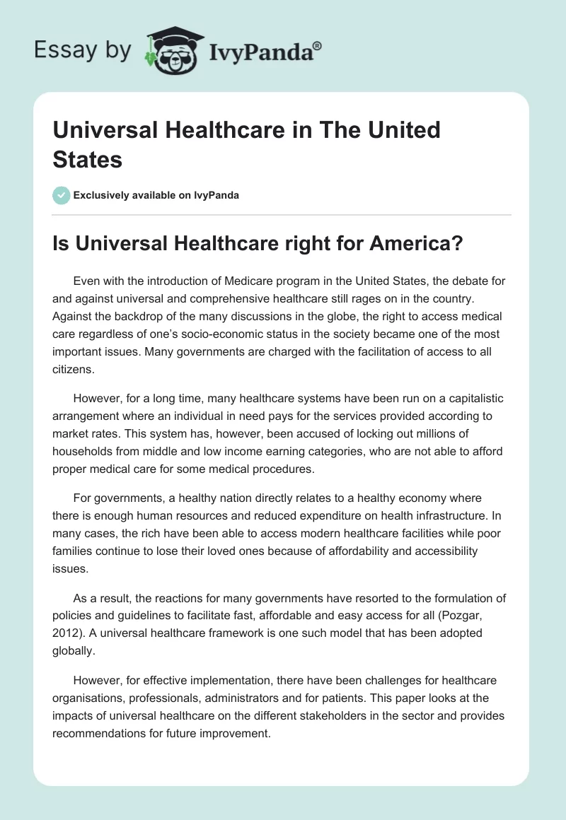 Universal Healthcare in The United States. Page 1