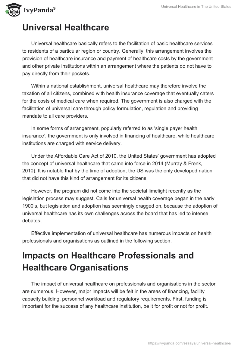 Universal Healthcare in The United States. Page 2