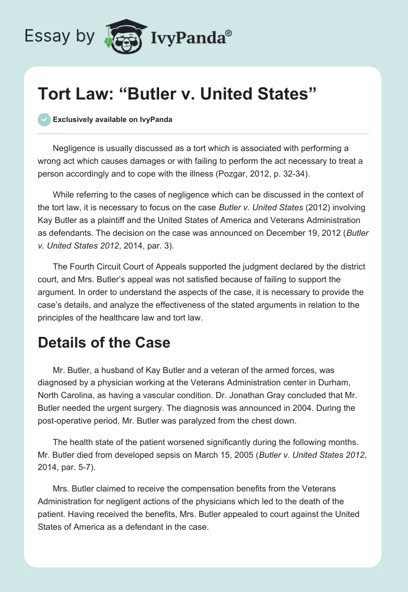 Tort Law: “Butler v. United States”. Page 1