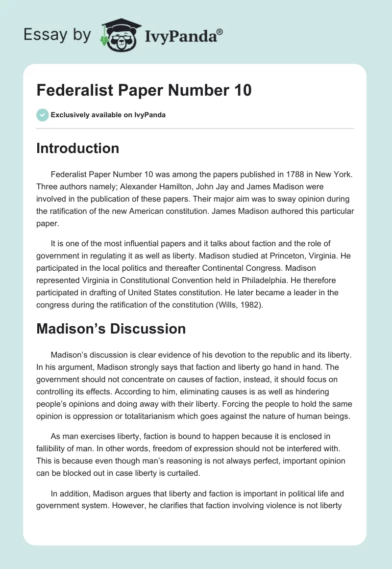 Federalist Paper Number 10 632 Words Essay Example