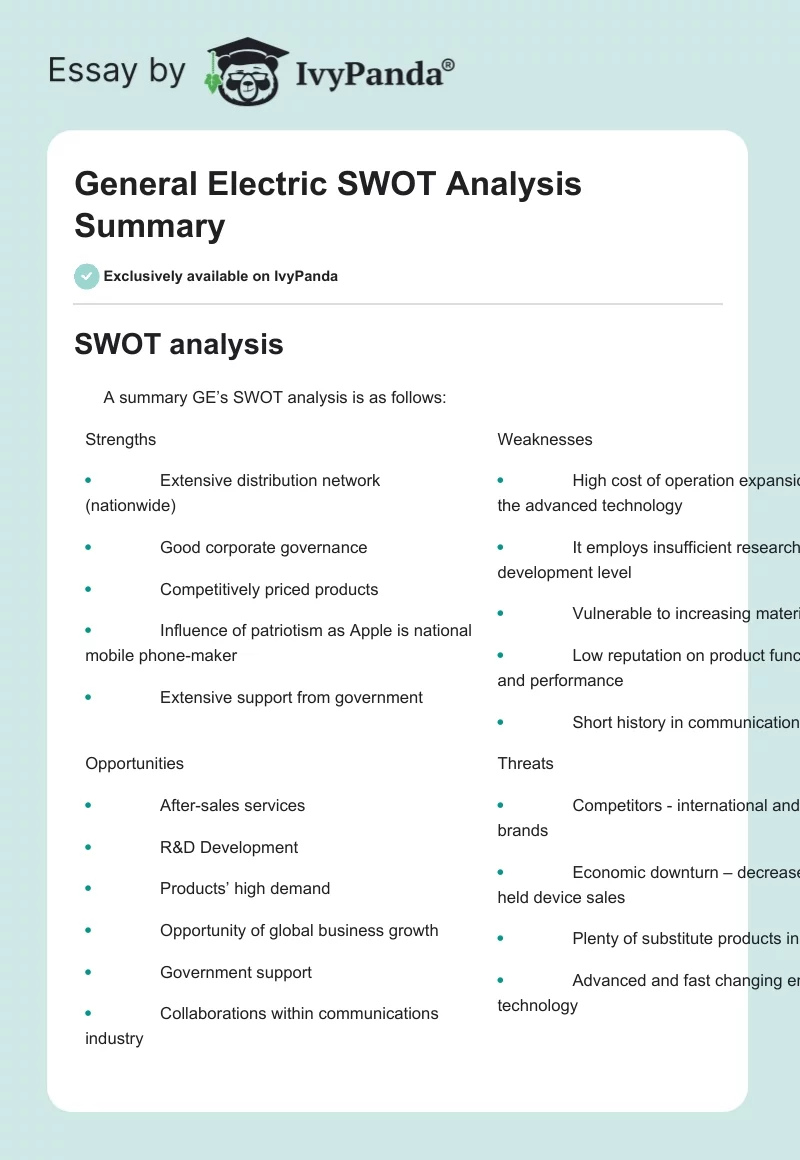 General Electric SWOT Analysis Summary. Page 1
