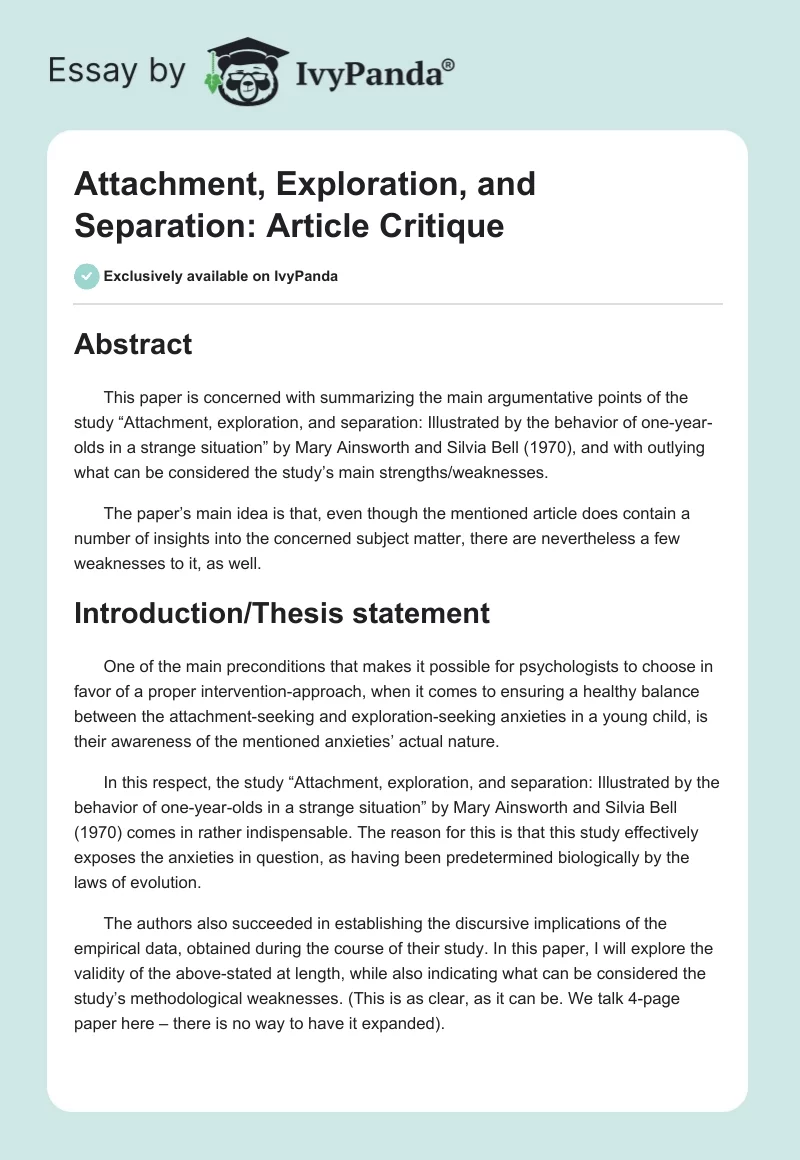 Attachment, Exploration, and Separation: Article Critique. Page 1