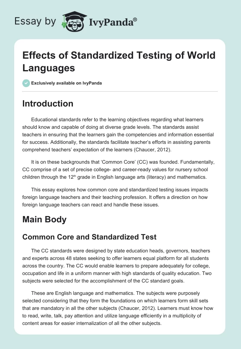 Effects of Standardized Testing of World Languages. Page 1