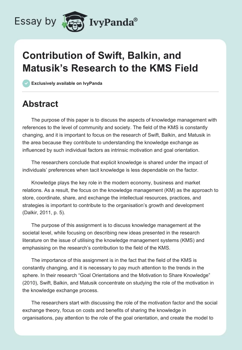 Contribution of Swift, Balkin, and Matusik’s Research to the KMS Field. Page 1