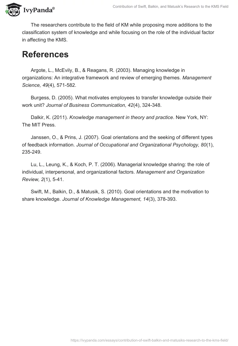 Contribution of Swift, Balkin, and Matusik’s Research to the KMS Field. Page 5