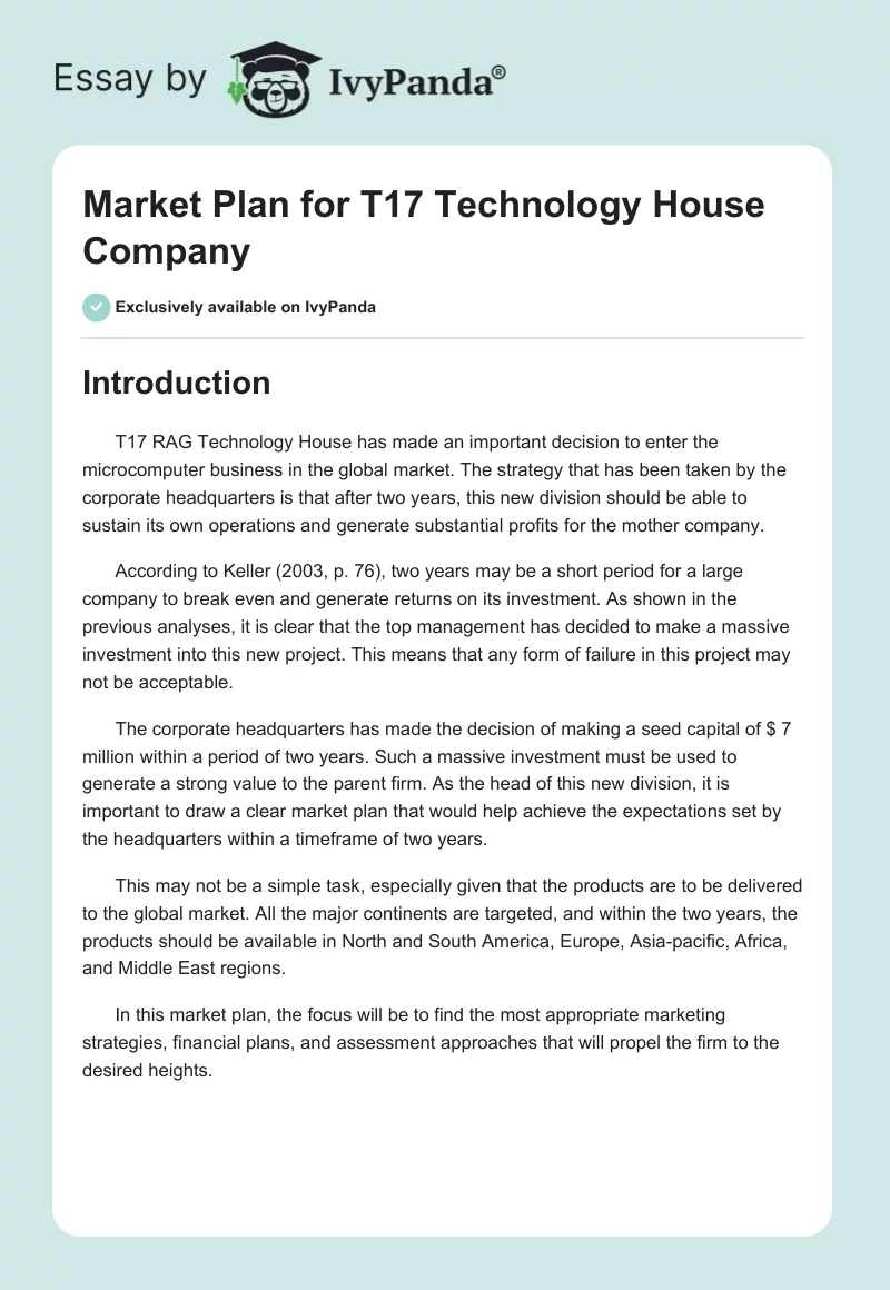 Market Plan for T17 Technology House Company. Page 1