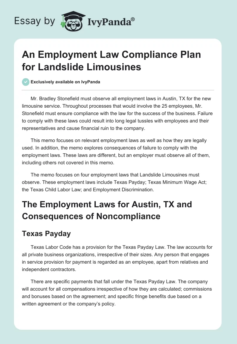 An Employment Law Compliance Plan for Landslide Limousines. Page 1