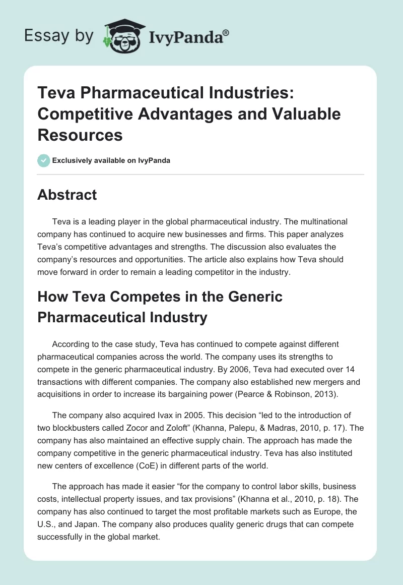 Teva Pharmaceutical Industries: Competitive Advantages and Valuable Resources. Page 1