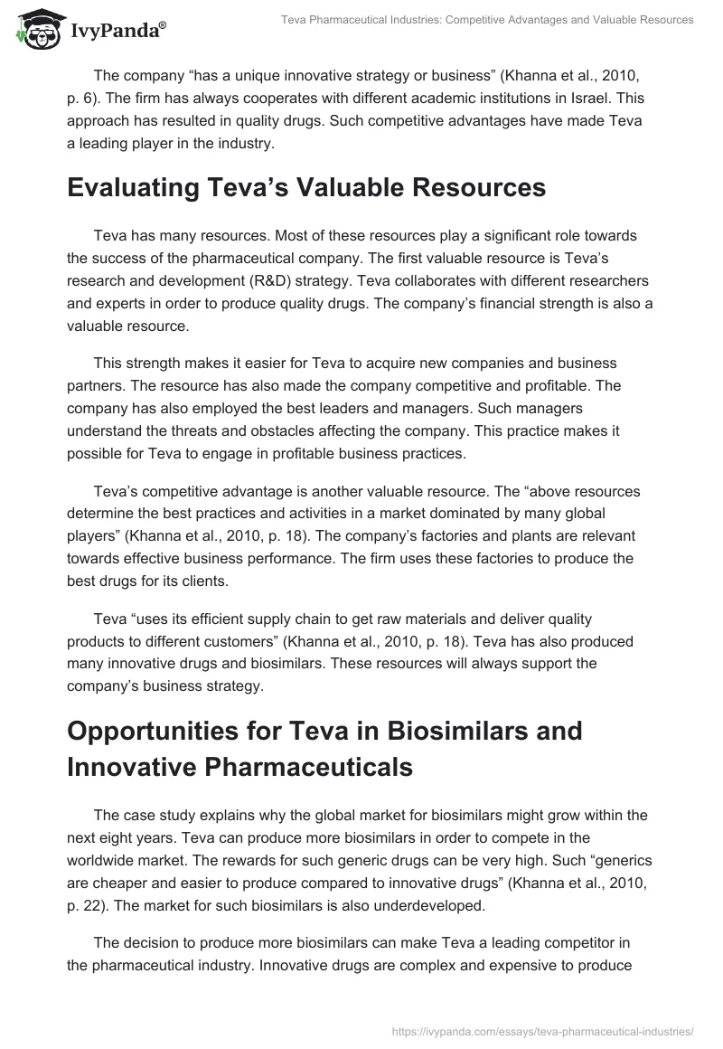 Teva Pharmaceutical Industries: Competitive Advantages and Valuable Resources. Page 2