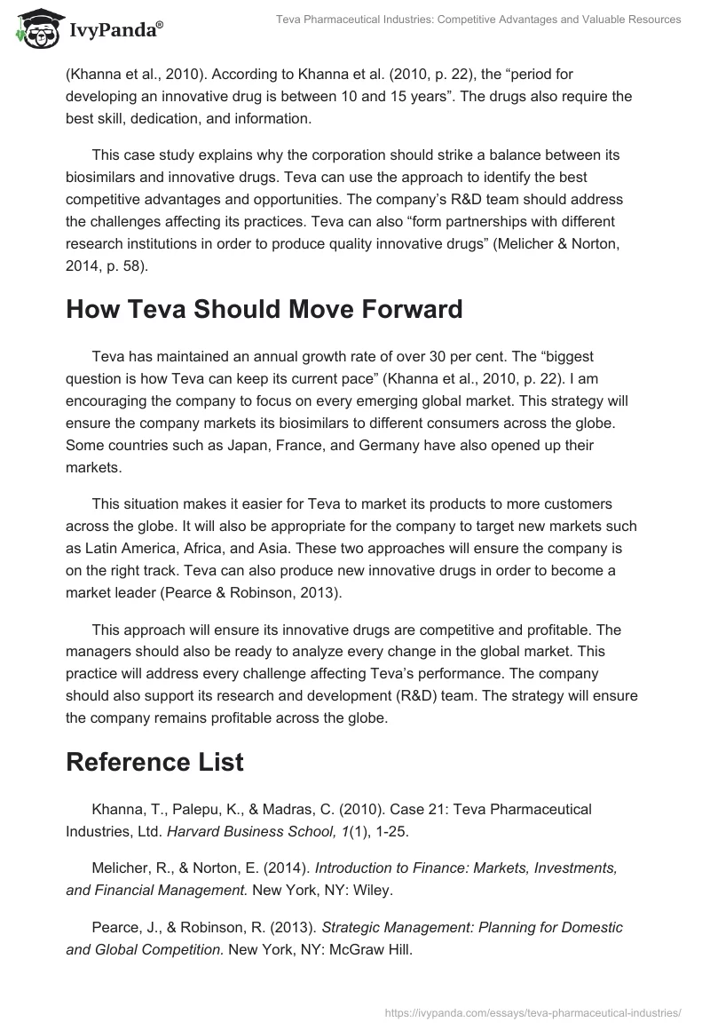 Teva Pharmaceutical Industries: Competitive Advantages and Valuable Resources. Page 3