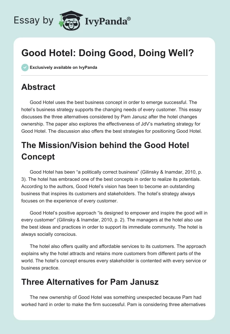 Good Hotel: Doing Good, Doing Well?. Page 1