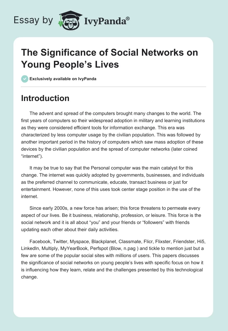 The Significance of Social Networks on Young People’s Lives. Page 1