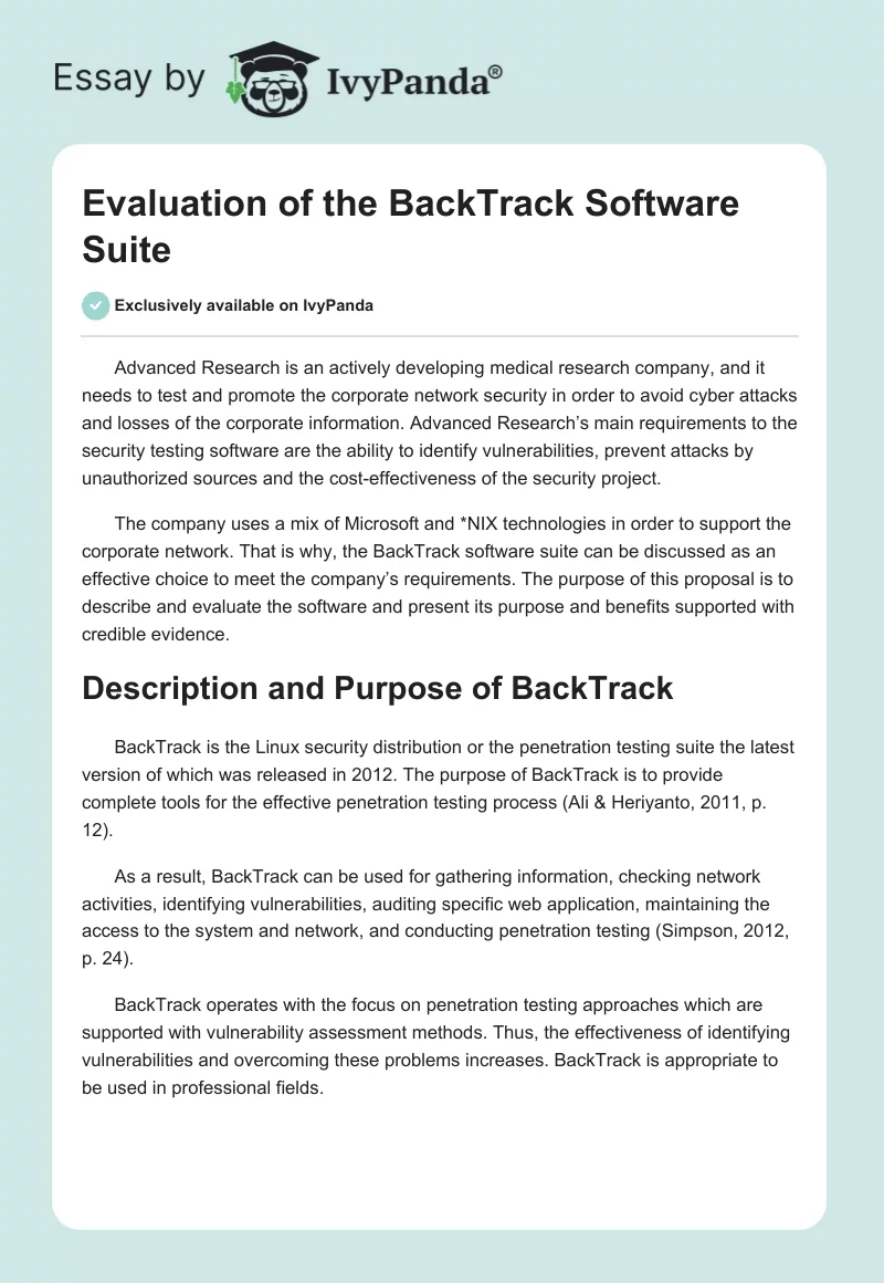 Evaluation of the BackTrack Software Suite. Page 1